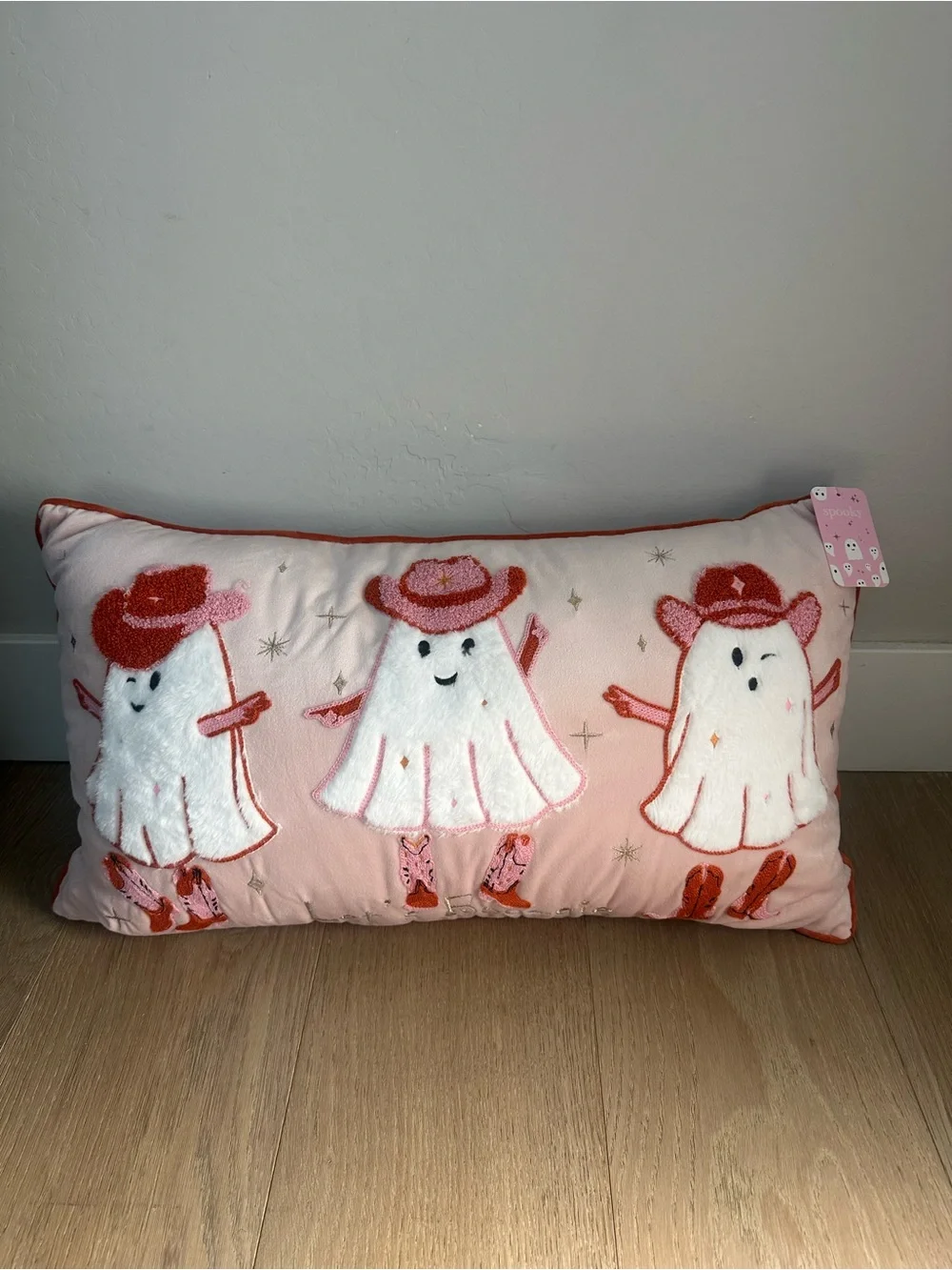 “Let’s Boo-gie” Pink Cowgirl Ghost Halloween Lumbar Pillow